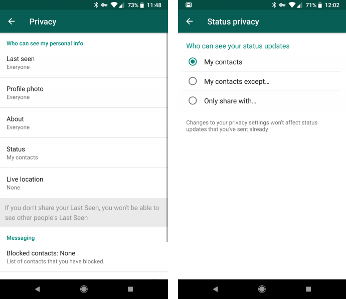 Exclude contacts in WhatsApp Private Status